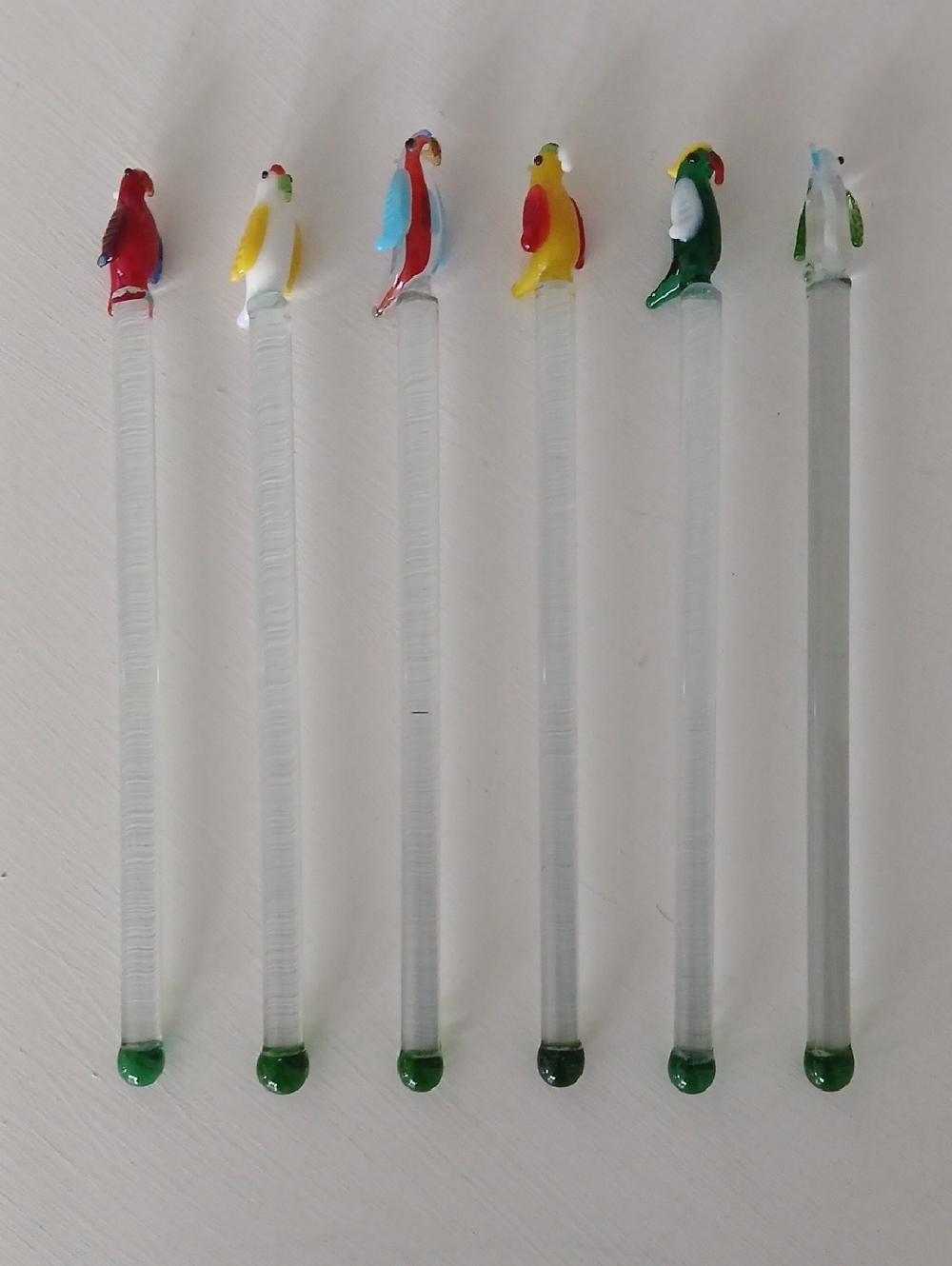 Hand Blown Glass Tropical Bird Swizzle Sticks Stirrers Set of 6